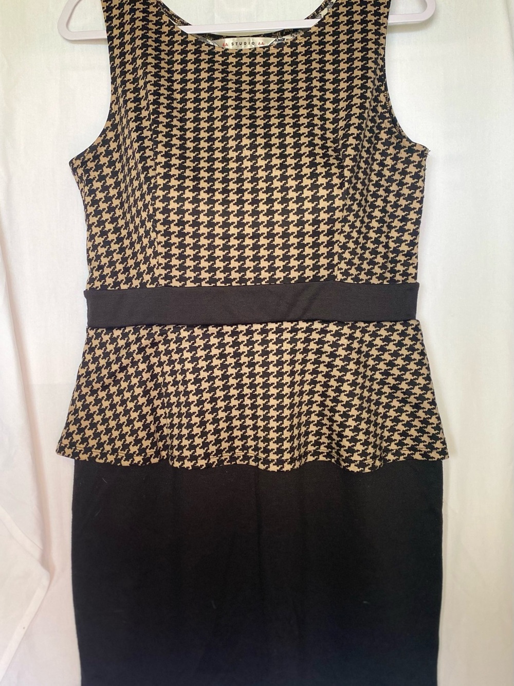 AA Studio Sheath Dress Peplum Houndstooth Black Brown Sleeveless 14